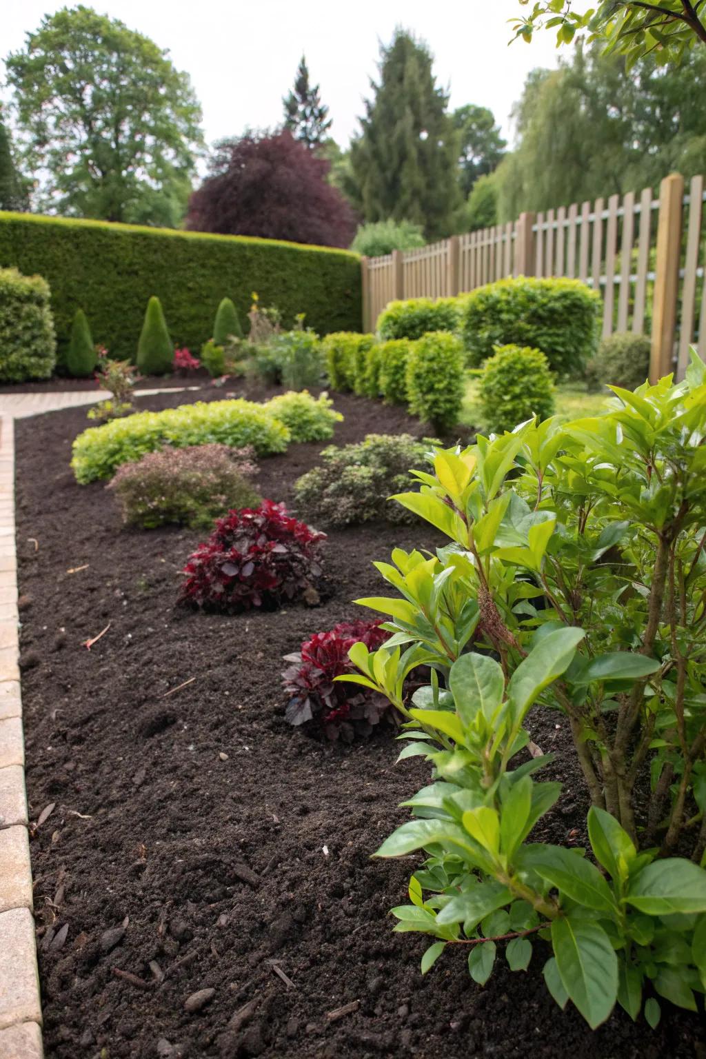 Ground covering enriches planting beds while conserving moisture.