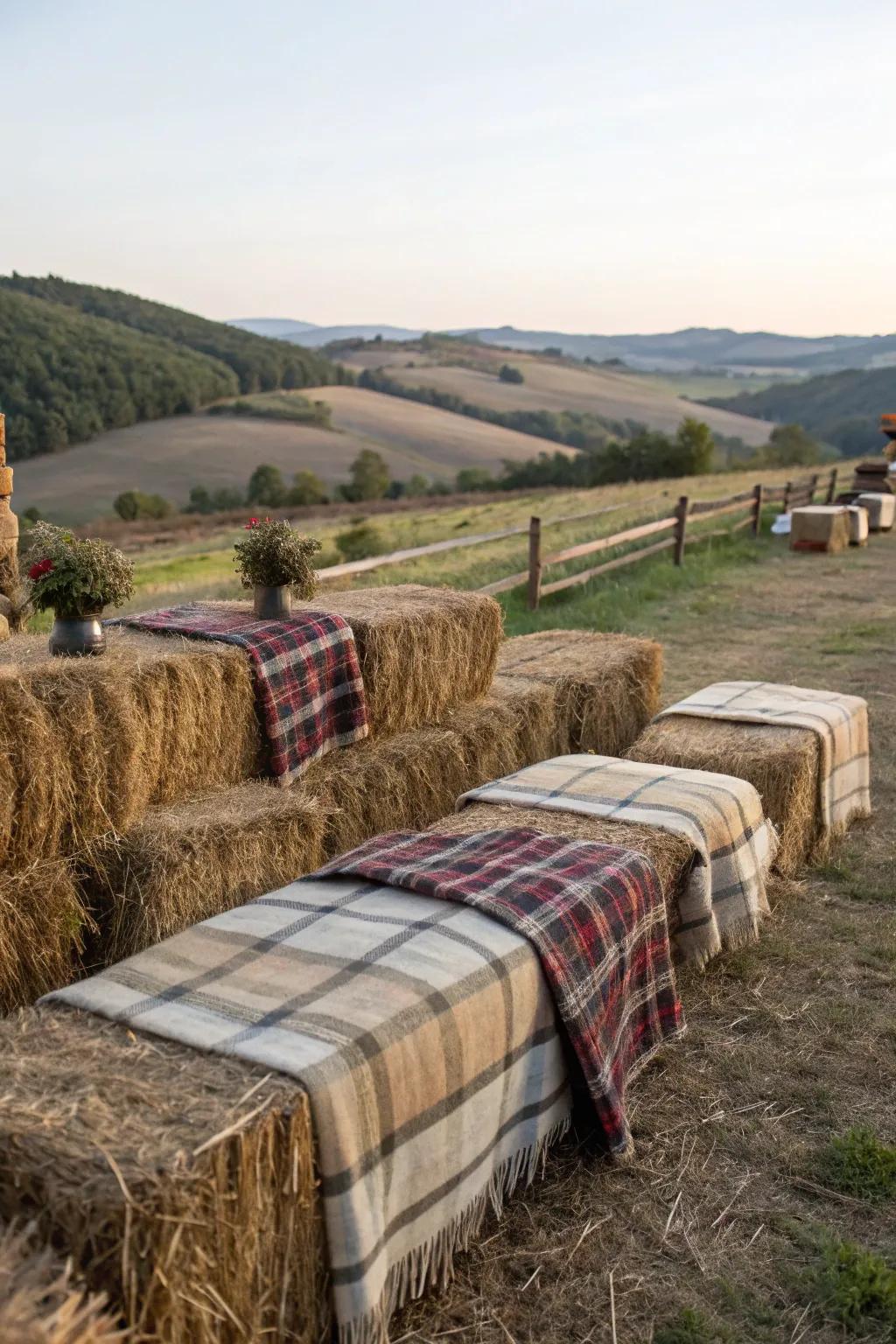 Rustic straw bundle seating for a harvest soiree.