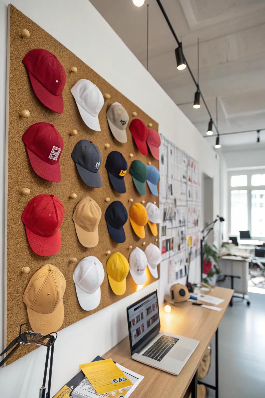 Hats pinned to cork board.