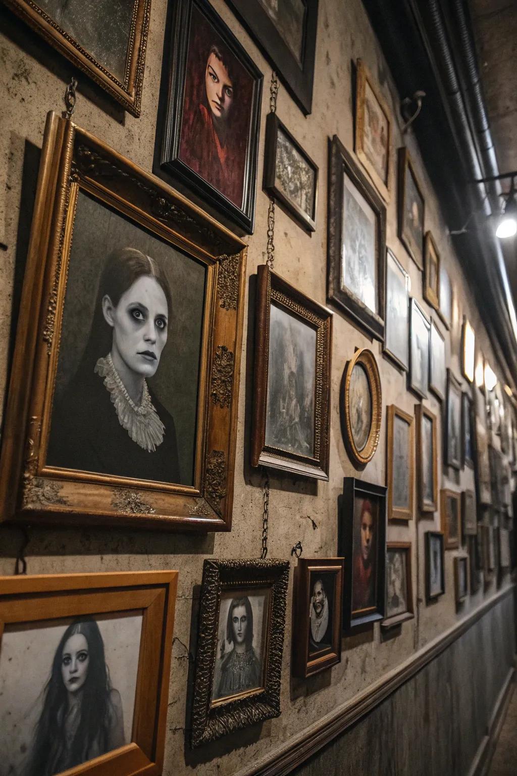 Fabricate a haunted gallery partition via spooky portraits.
