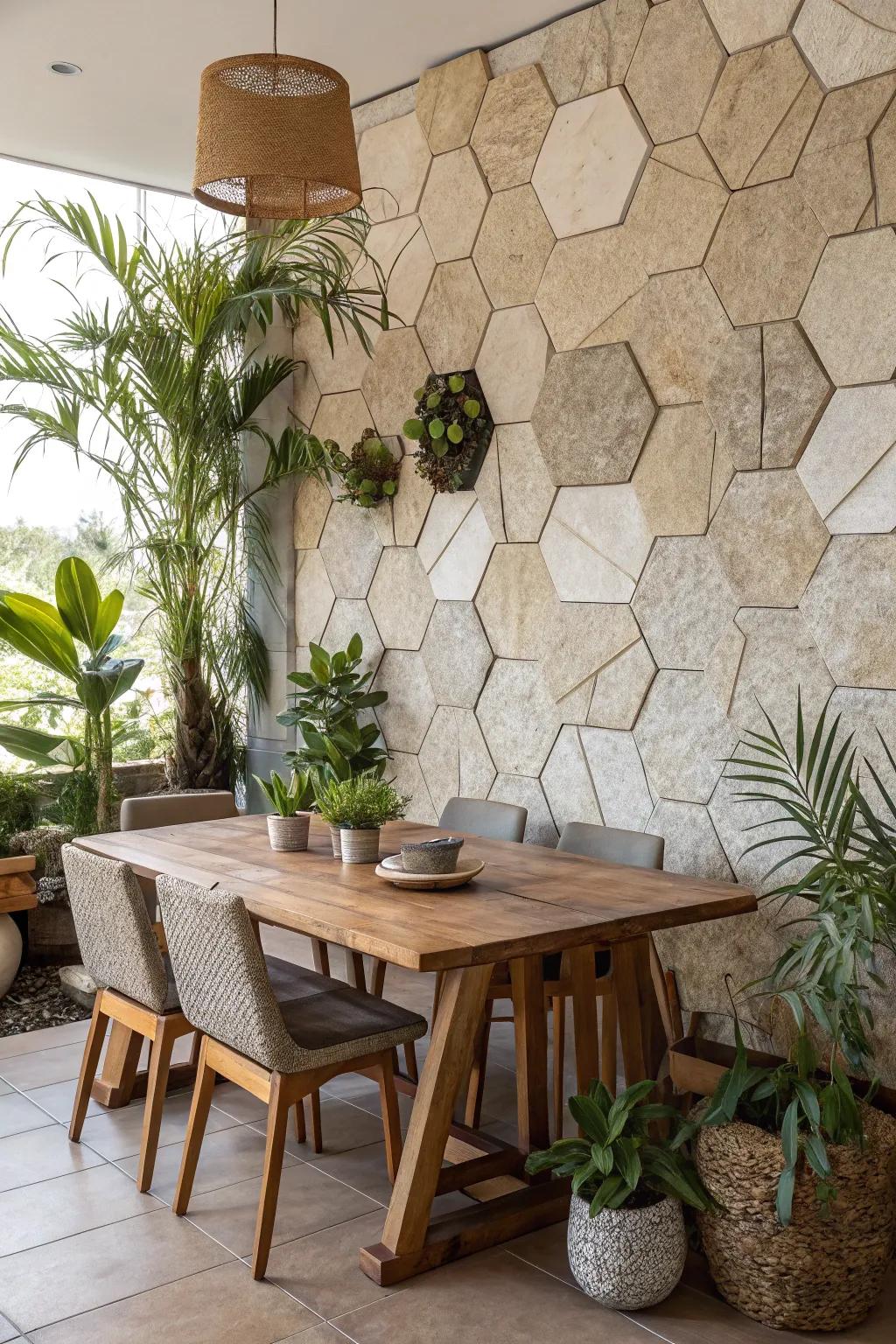 Raw stone honeycombs bring a rustic and calming atmosphere.