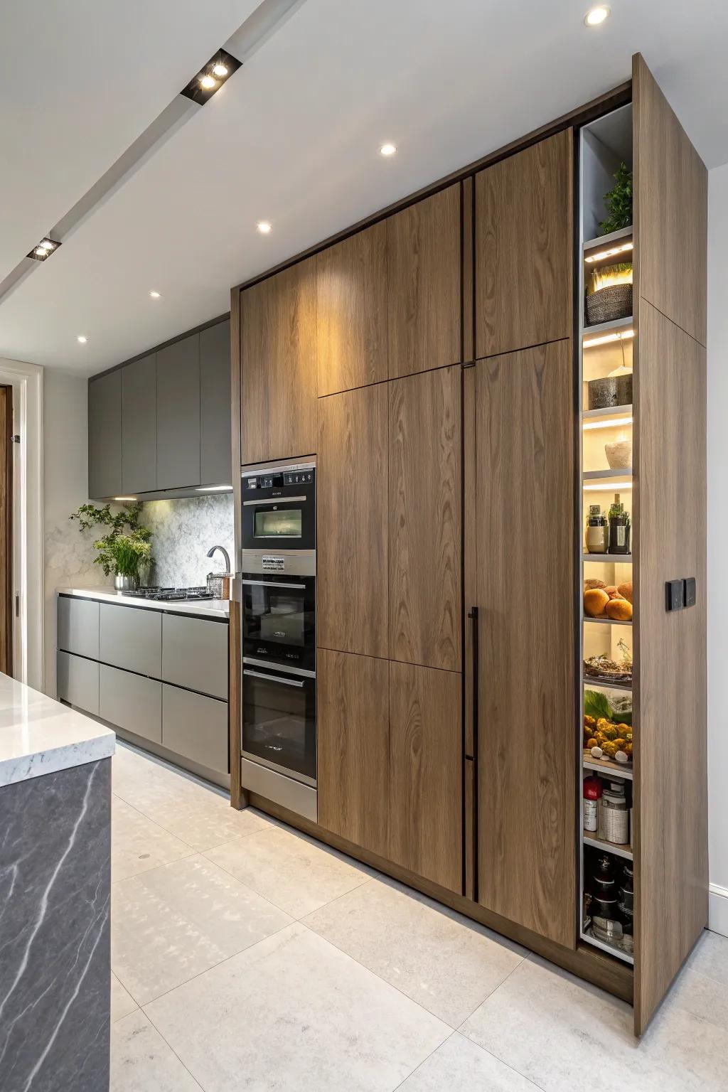 A kitchen featuring a secret door seamlessly built into the cabinetry.