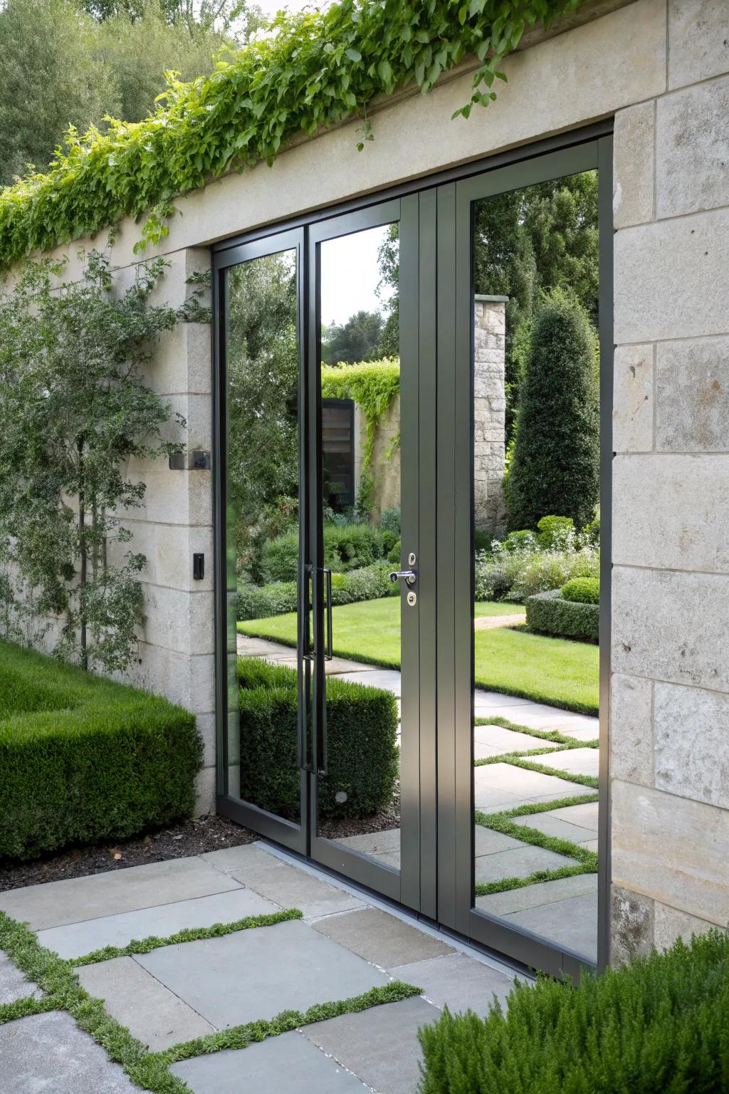 Mirrored boards hide a door using reflective beauty.