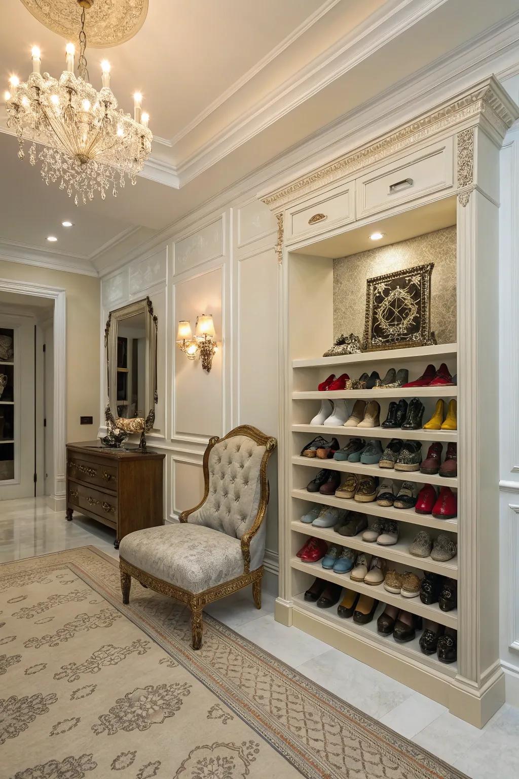 Crown molding shoe ledges provide an elegant and practical storage solution.