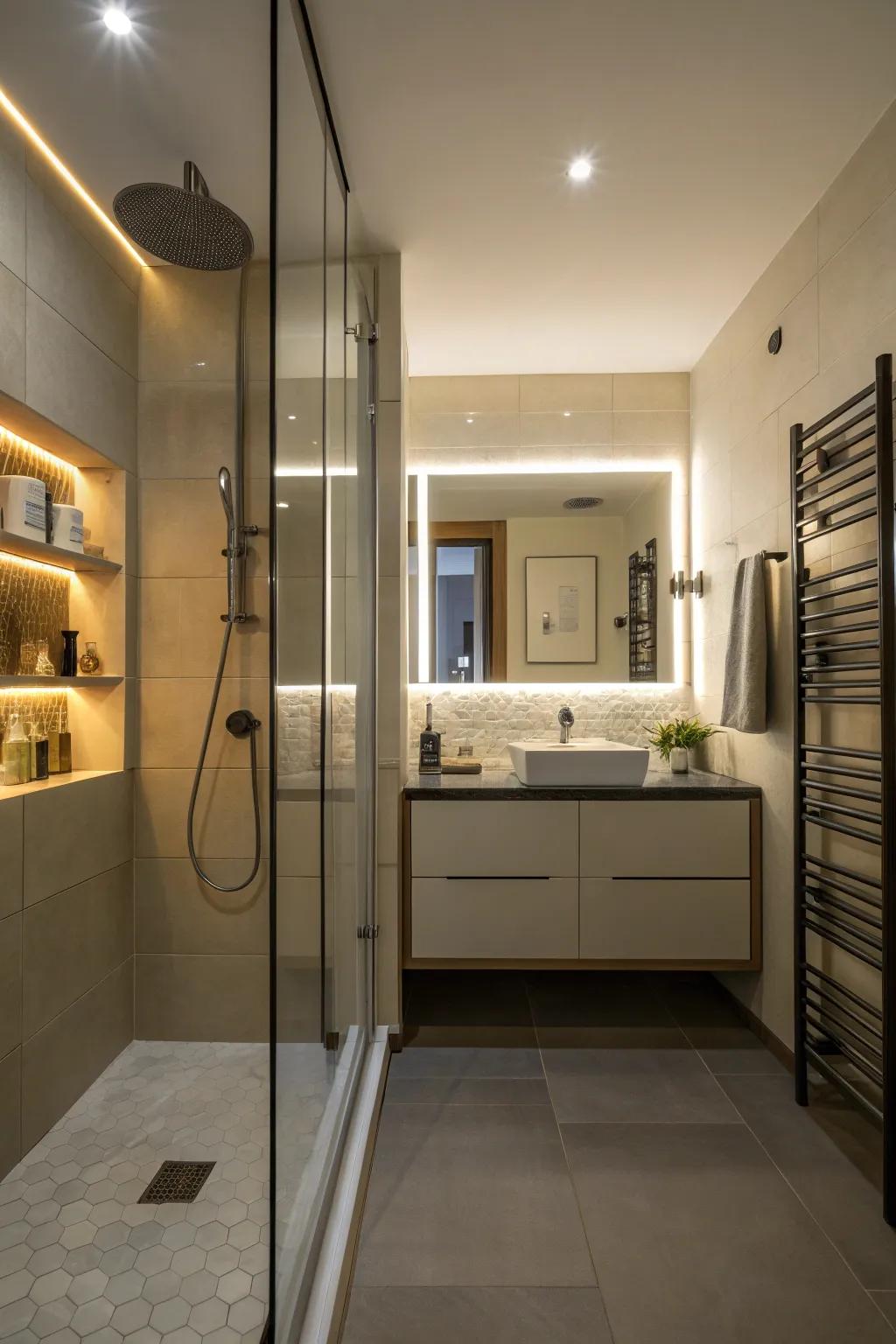 Concealed lighting transforms the shower into a soothing sanctuary.