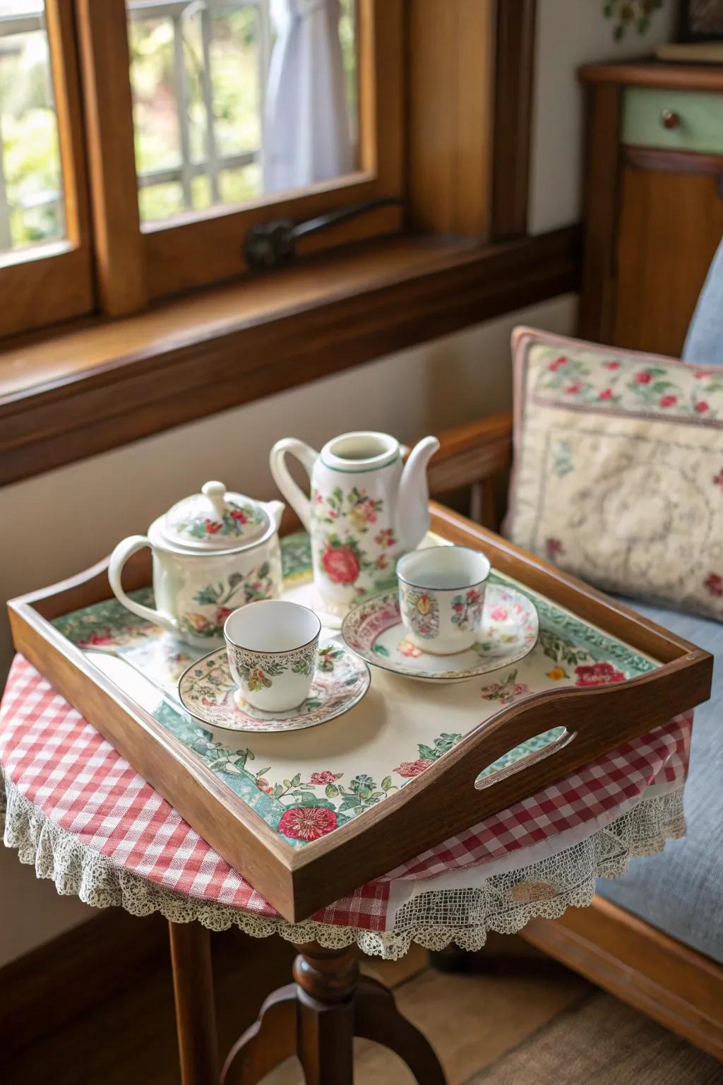 A hand-painted tray adding color and charm to a breakfast nook.