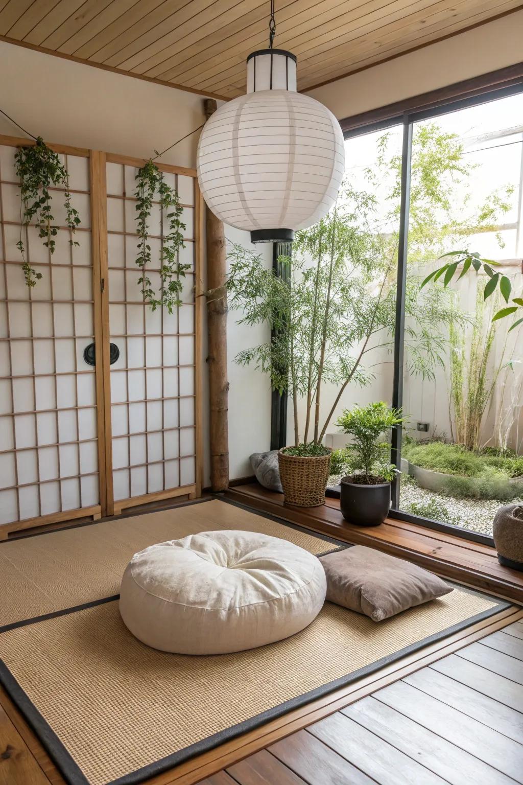A meditation corner provides a peaceful retreat for reflection.