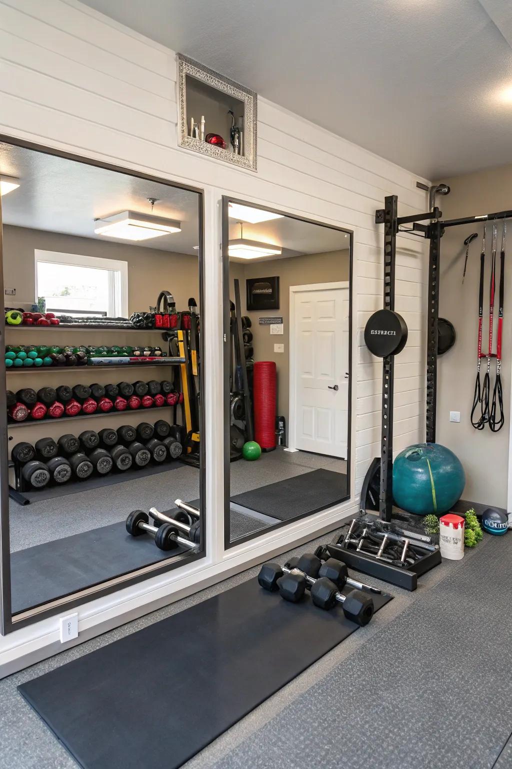 Mirrors section off workout zones in this organized gym.
