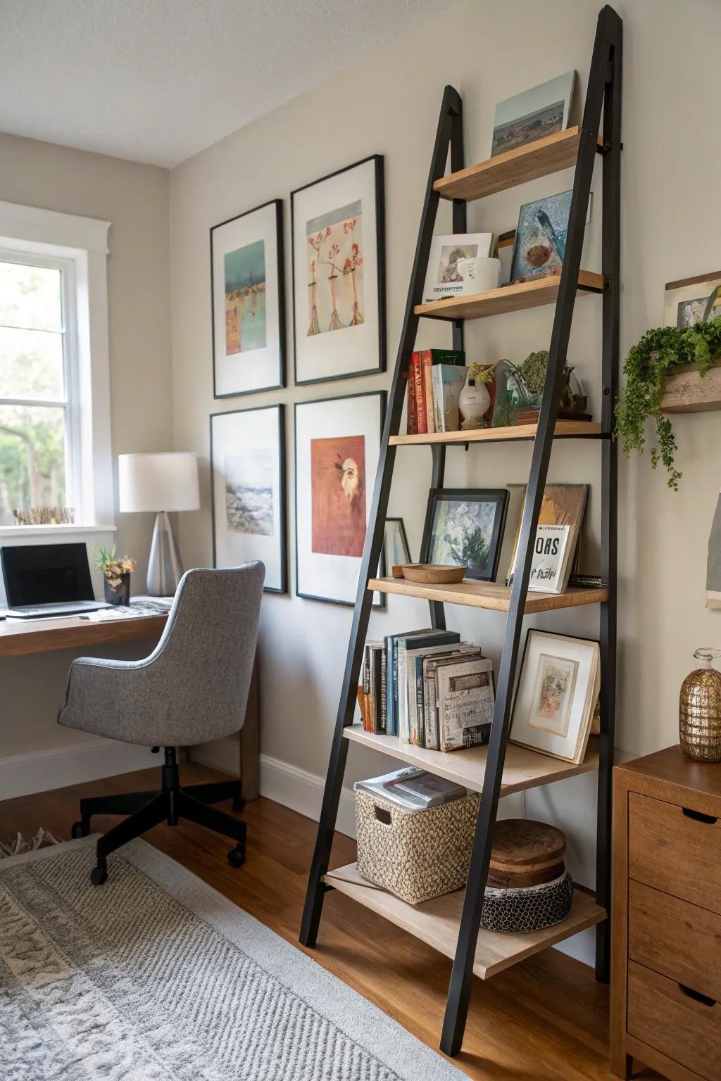 Upright shelves offer modern, vertical storage.