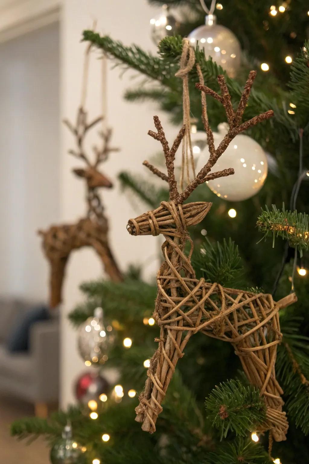 Countryside branch reindeer adornments appending woodland charm to the festive aesthetic.