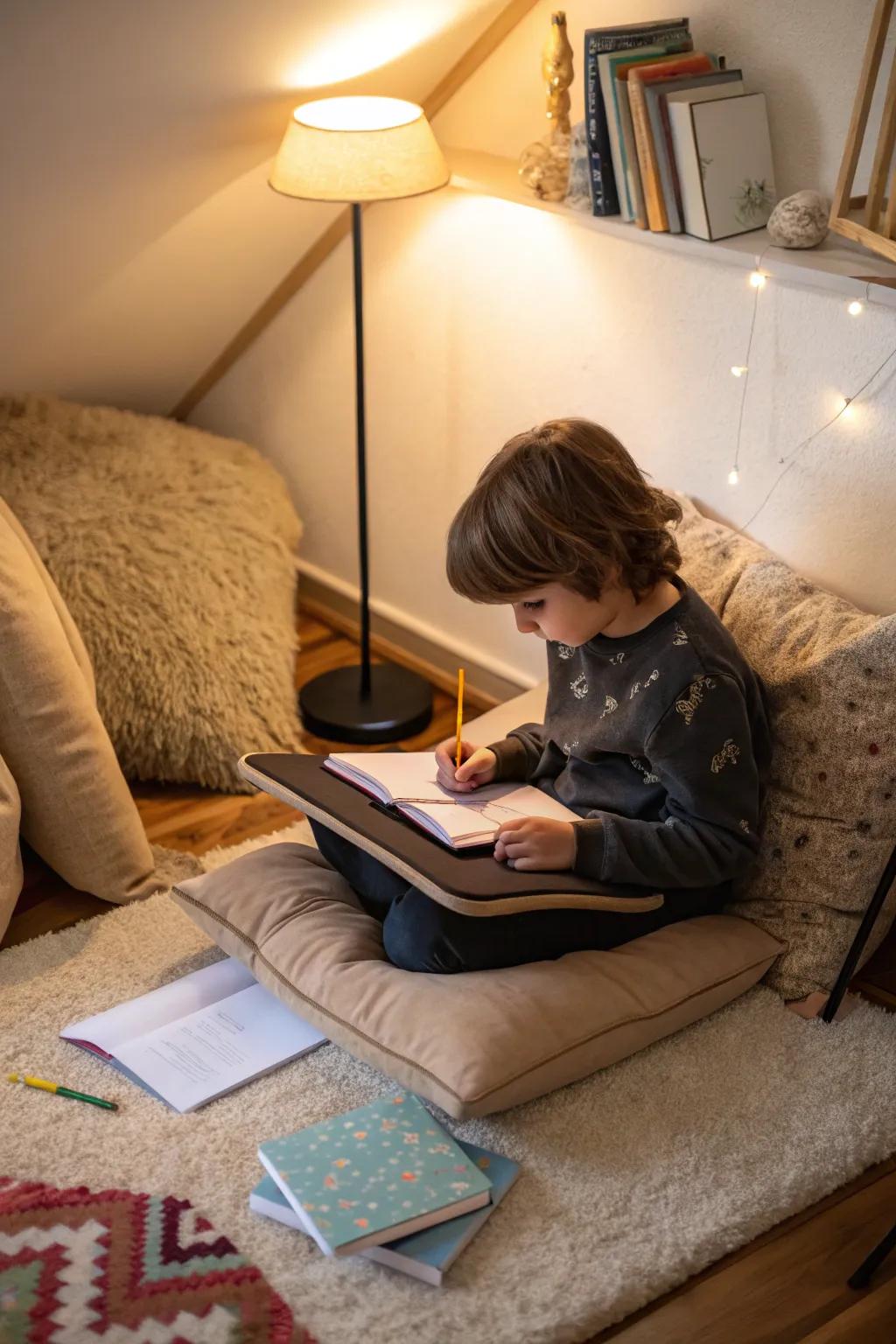 Desks that are movable for laps extend adaptability for learning from anywhere within the dwelling.