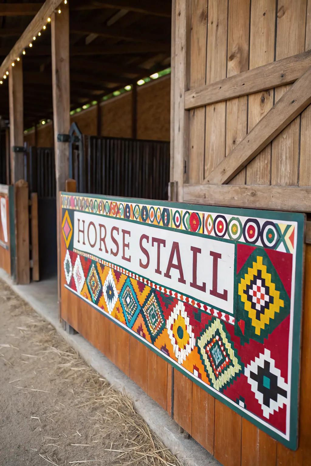 A vibrant and colorful patterned stall marker.