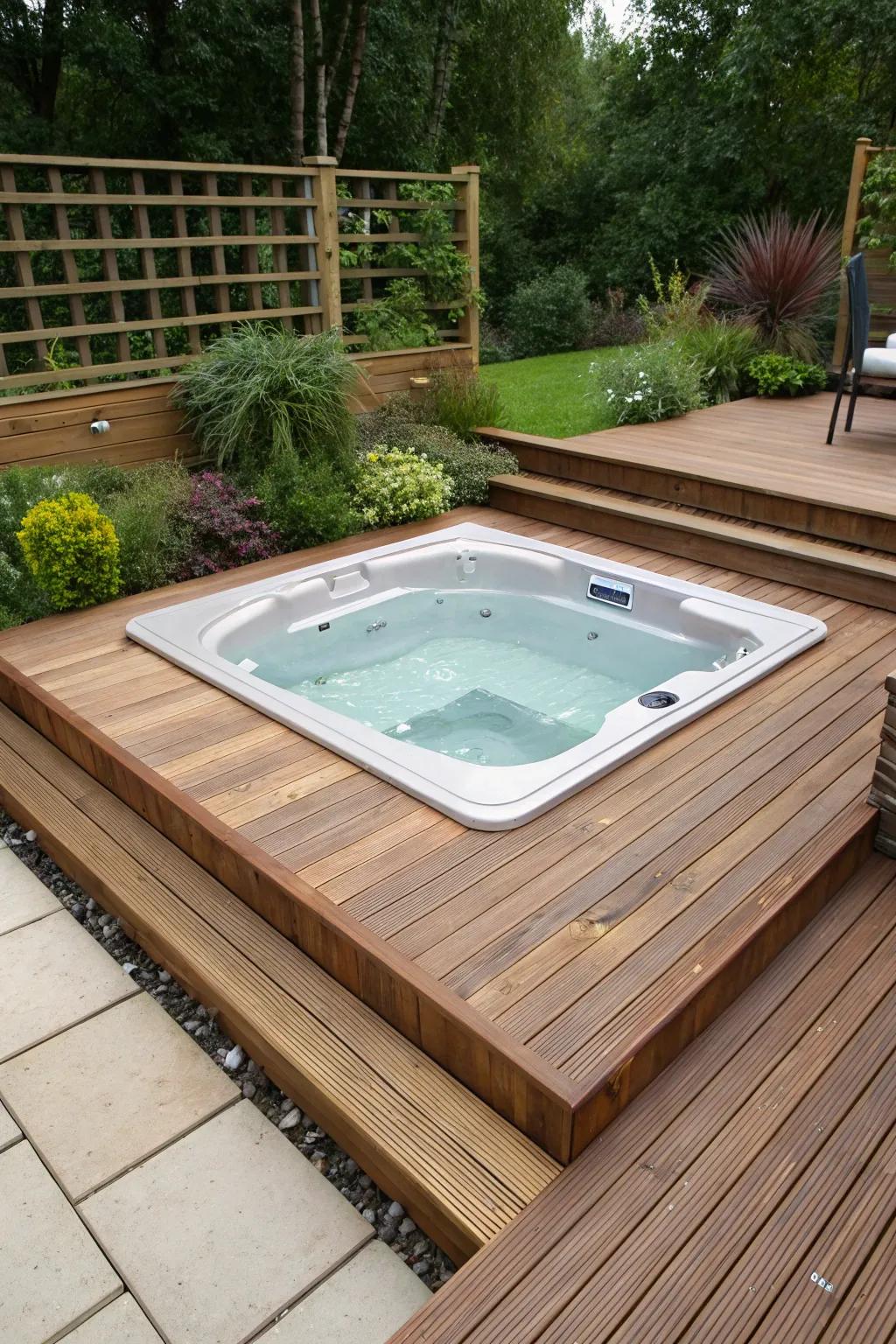 Achieve sleek design with a sunken hot tub on your deck.