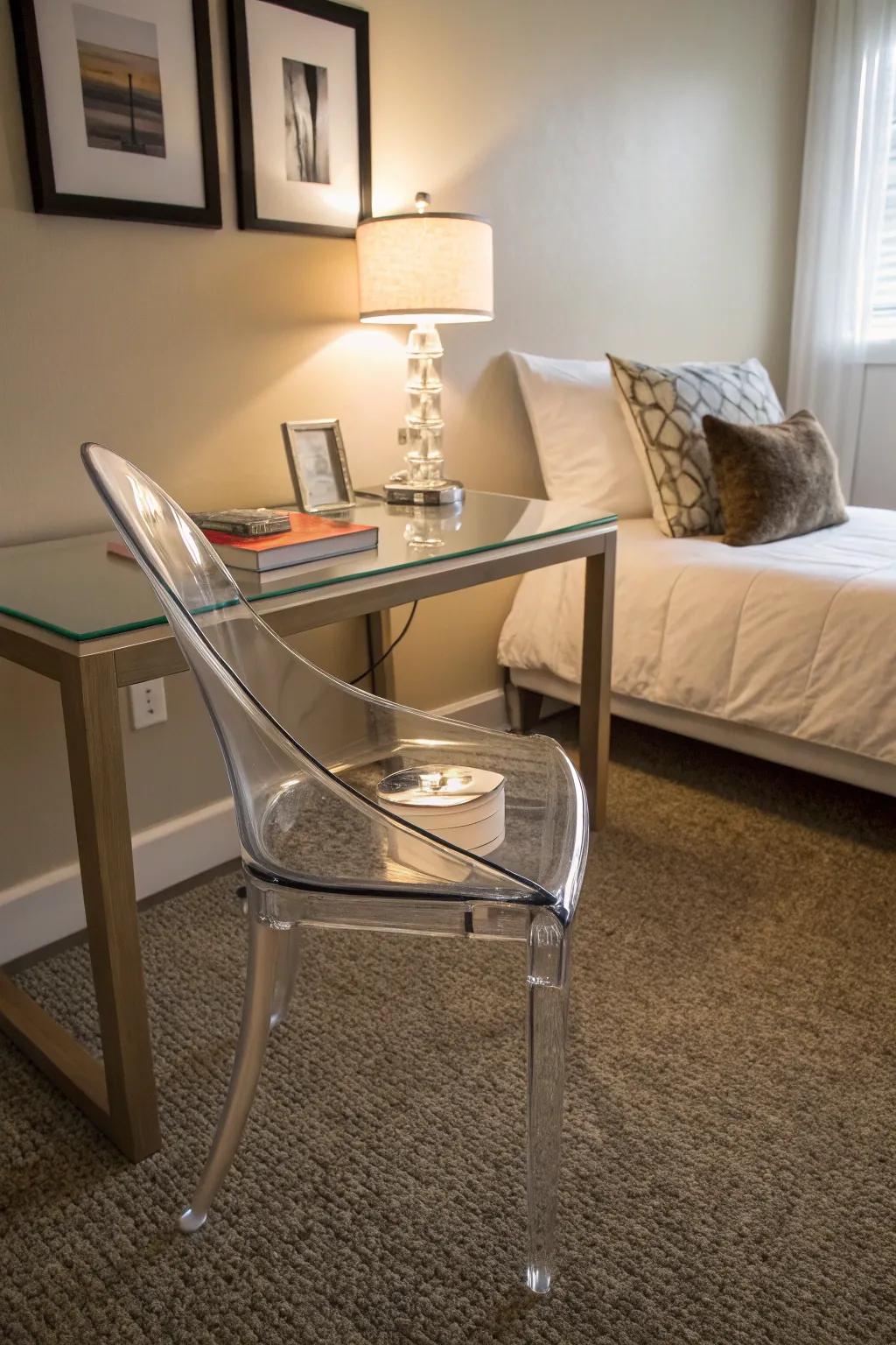 A small room is kept visually unbroken with transparent furniture.