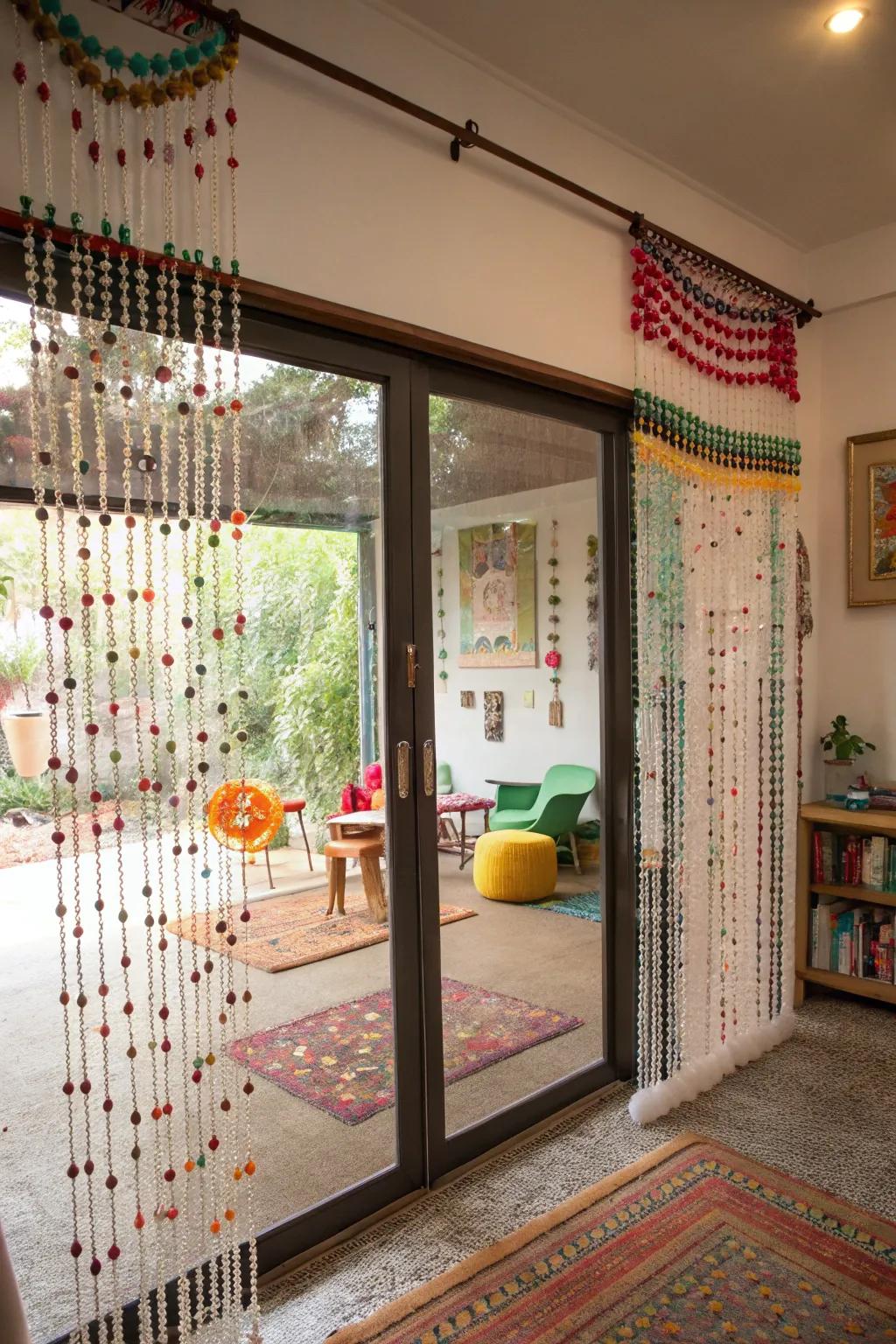 Beaded curtains add a playful, artistic touch.