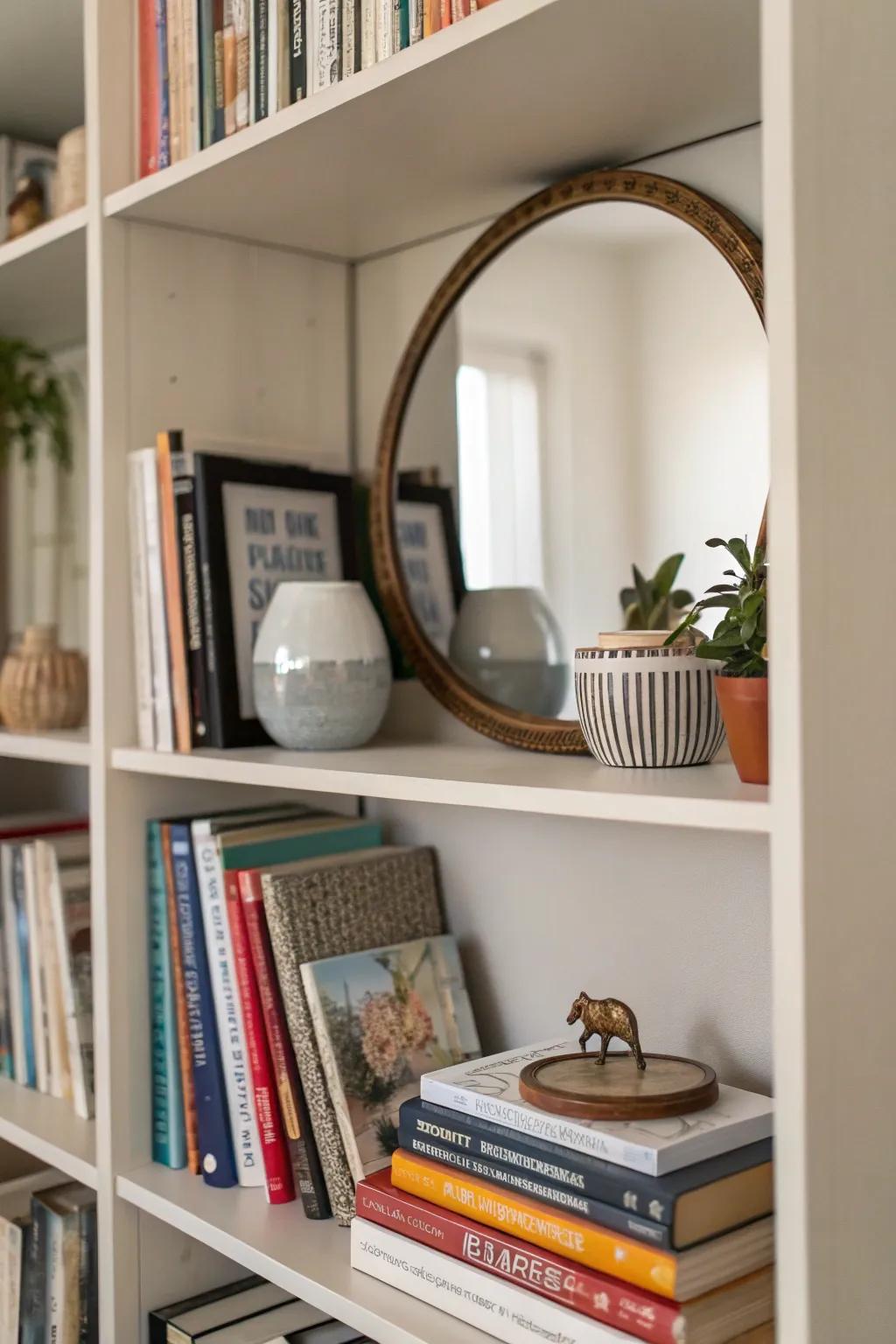 Bookshelf with a mirror adding depth and reflection.