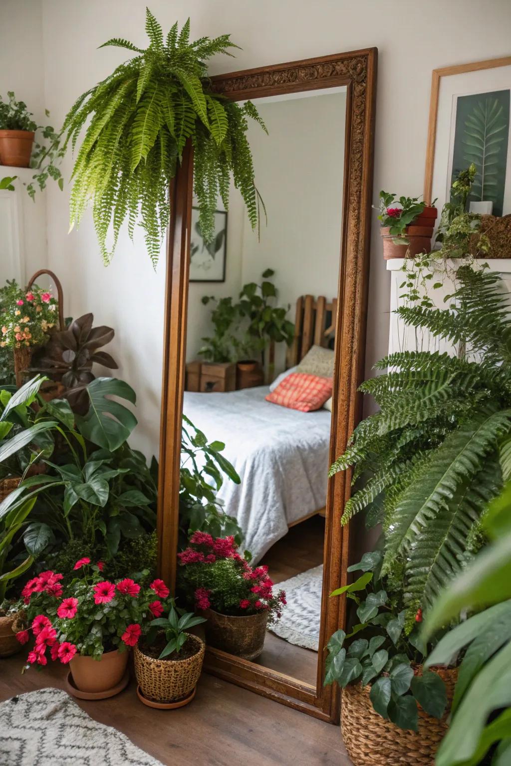 Vegetation enhances the natural beauty of mirrors, creating serene spaces.