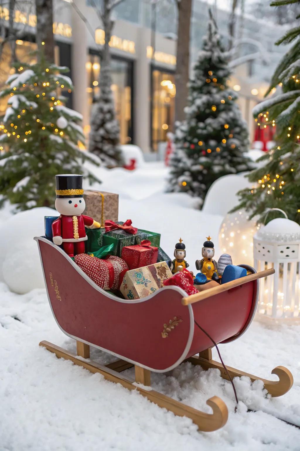 A lighthearted sled showcasing playful holiday playthings