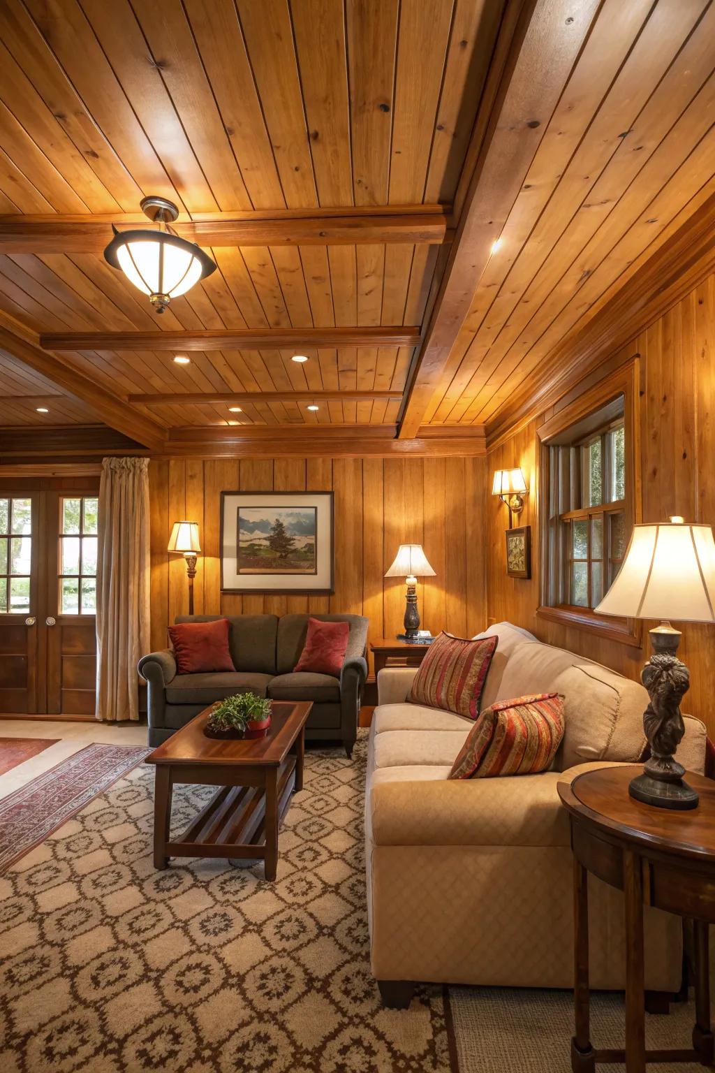 A snug room with warm timber boarding on the roof.