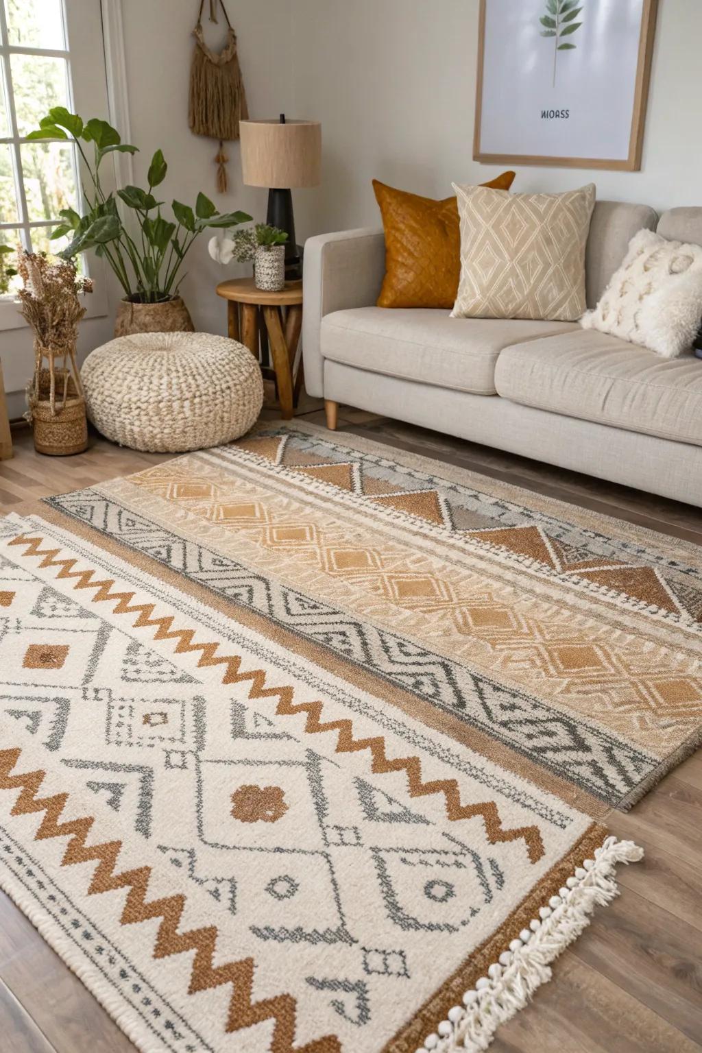 Layered rugs add warmth and define spaces.