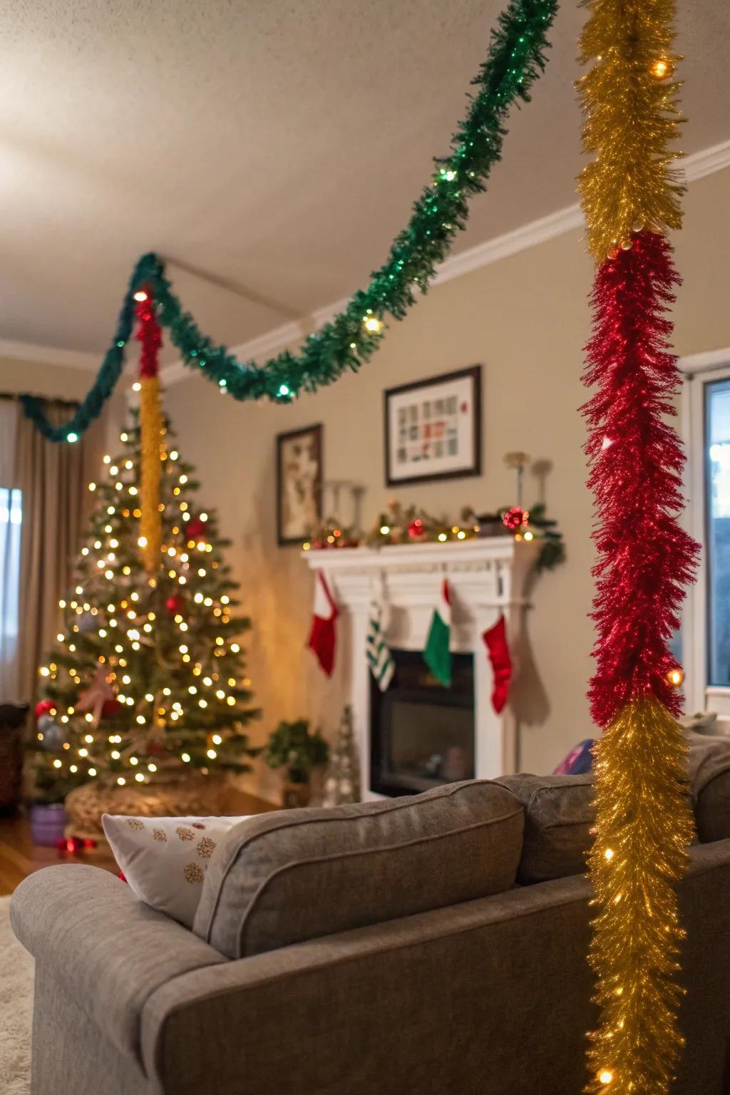 A living room decorated using bright sparkle ribbon.