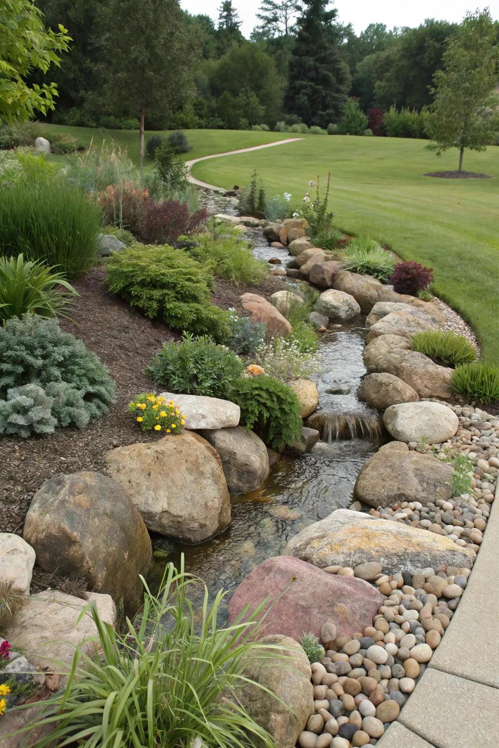 Mounds divert water while adding interest to the landscape.