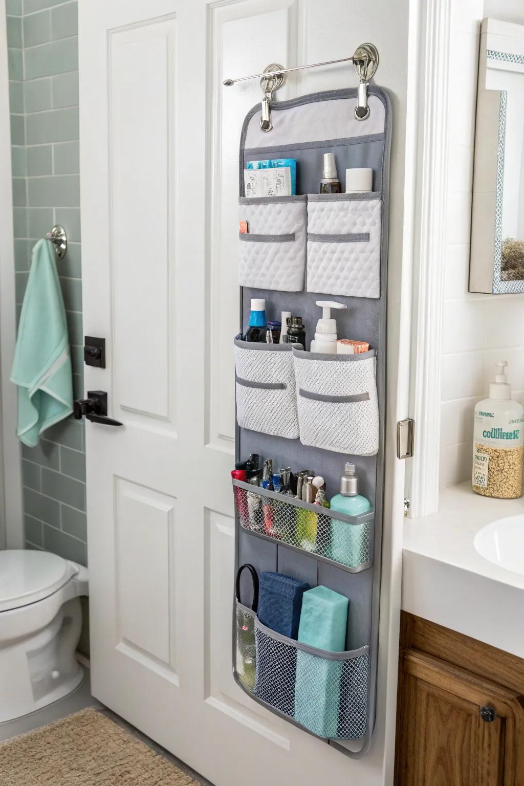A bathroom featuring a door organizer that maximizes storage.