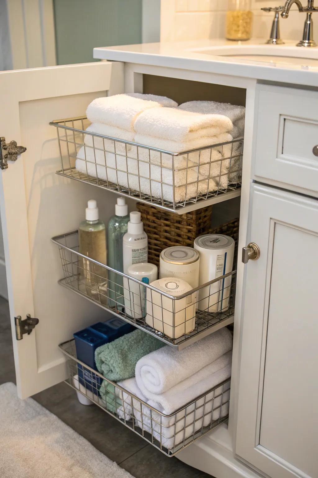 Wire holders inside a bathroom cabinet, used for storing beauty products and towels.