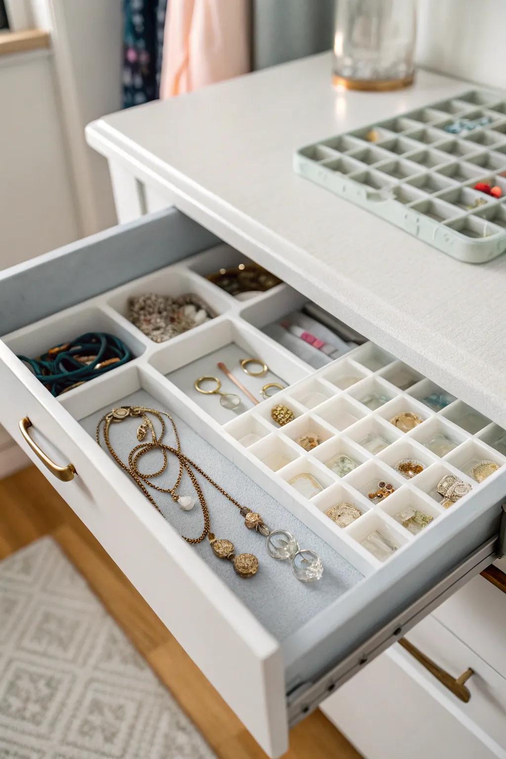 Repurposed items like ice cube trays for creative and functional drawer organization.
