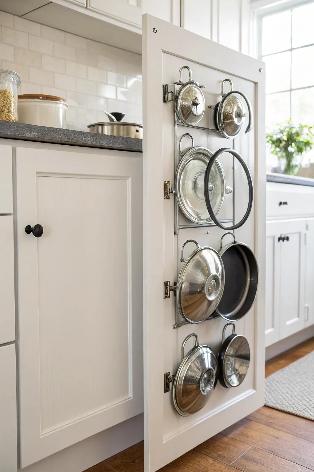 Hanging pot lids on doors saves valuable cabinet space.