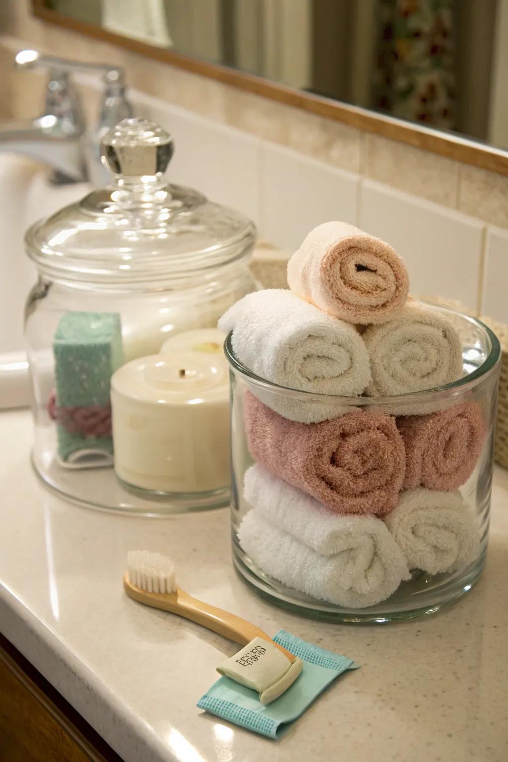 Glass jars make for stylish and functional towel storage.