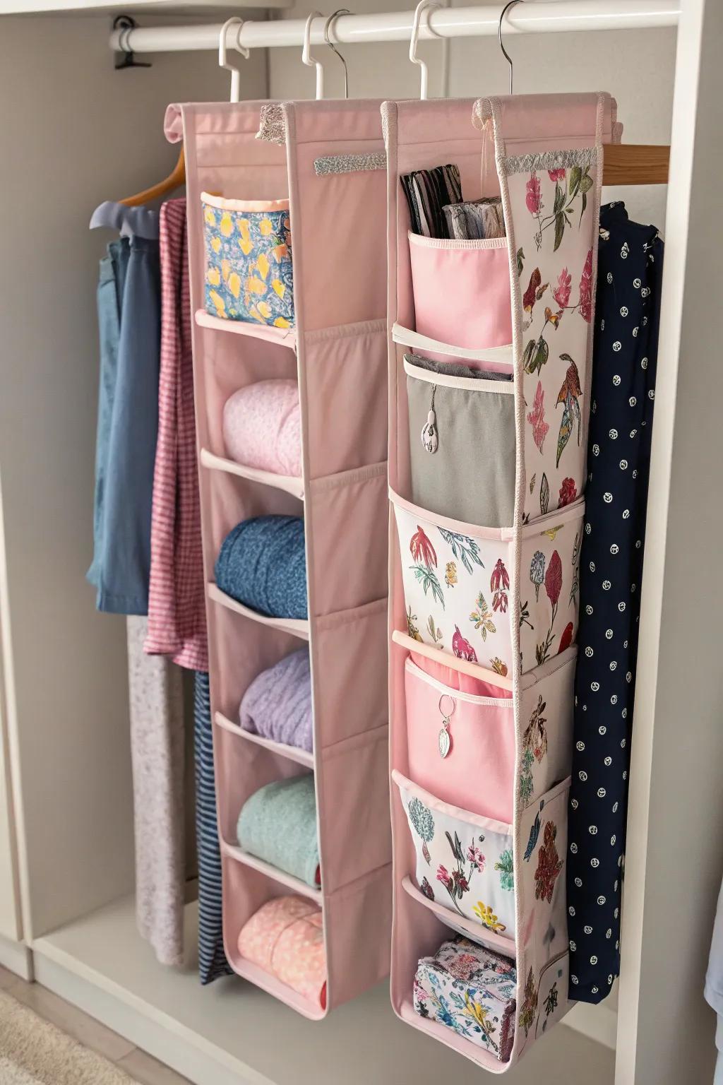 Keep your leggings neatly kept with hanging textile shelves.