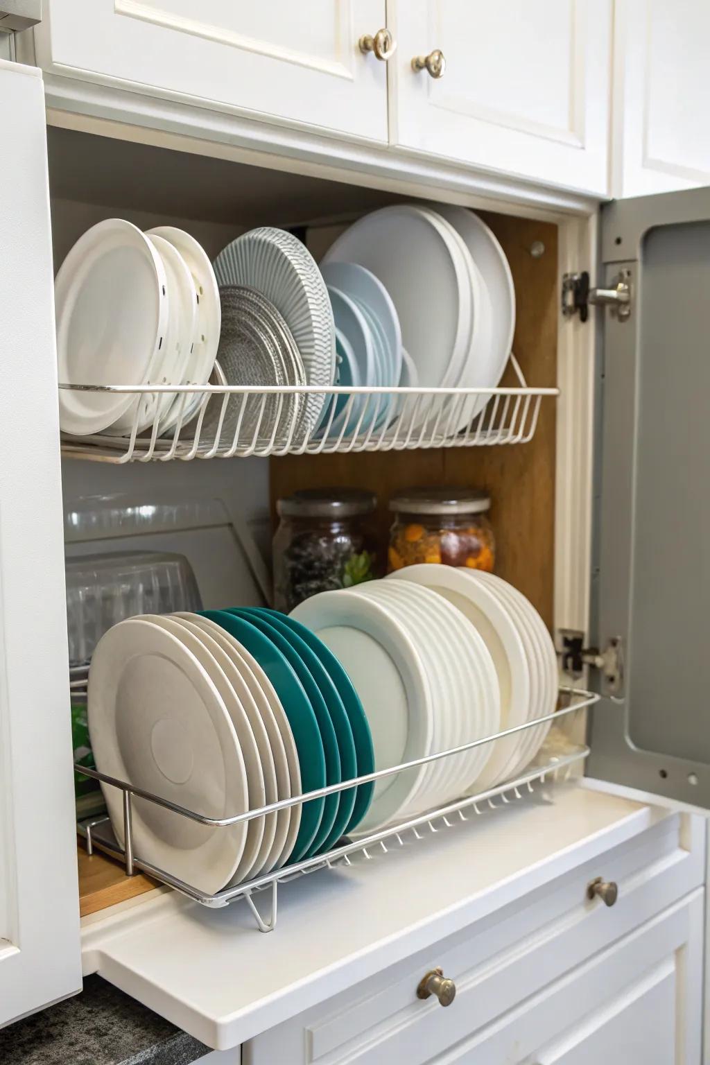 A plate rack used to organize plastic lids by size.
