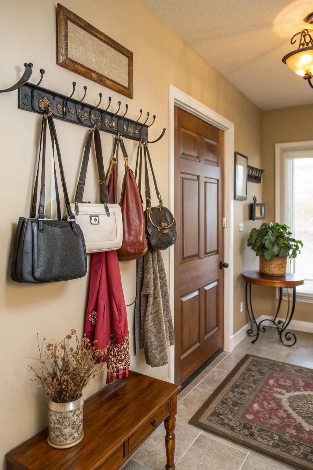 A coat rack doubling as a chic bag storage solution.