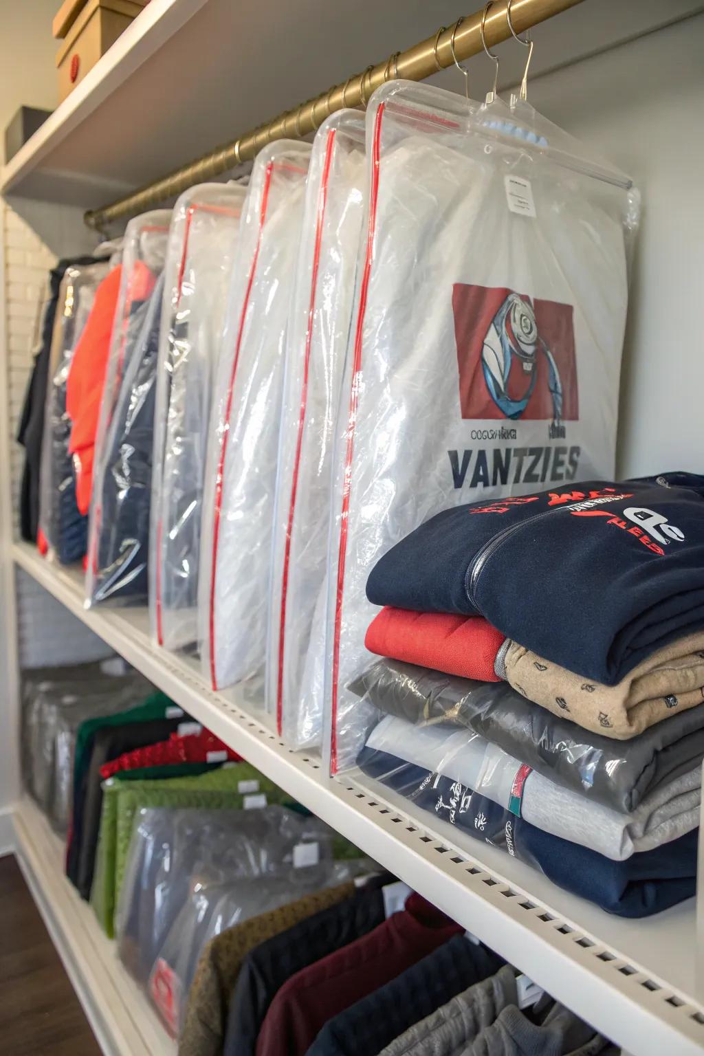 Vacuum-sealed bags save space and protect sweatshirts in storage.