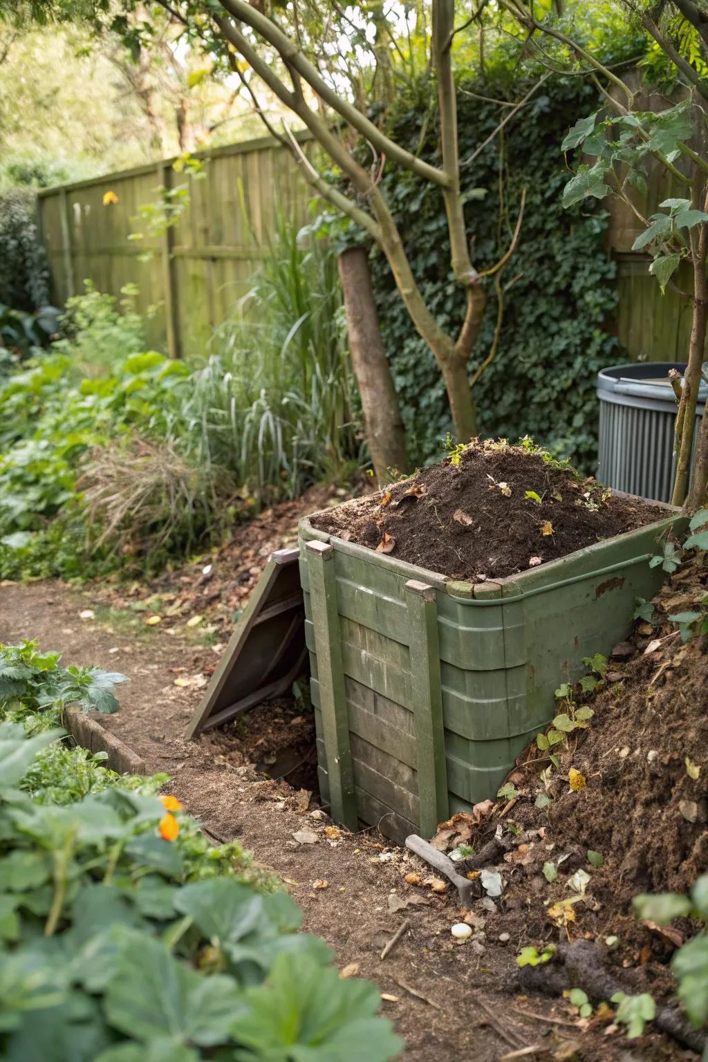 This partially buried compost bin is discreetly placed to reduce pests and odors.