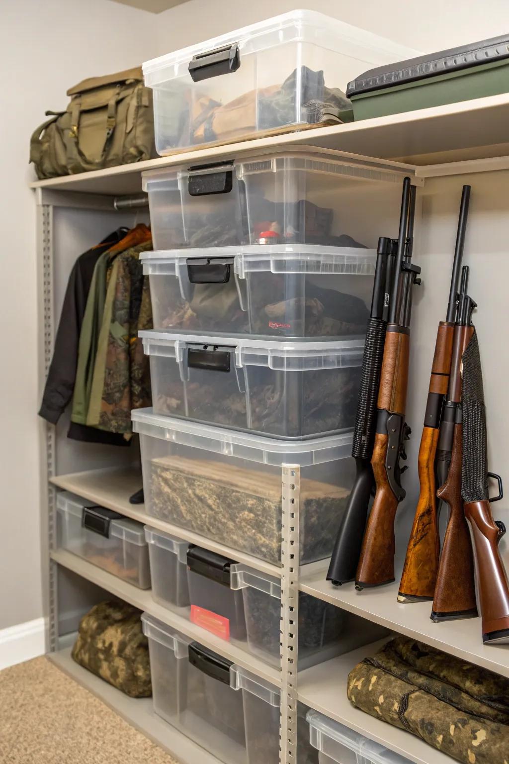 Clear bins make it easy to see and access stored items.