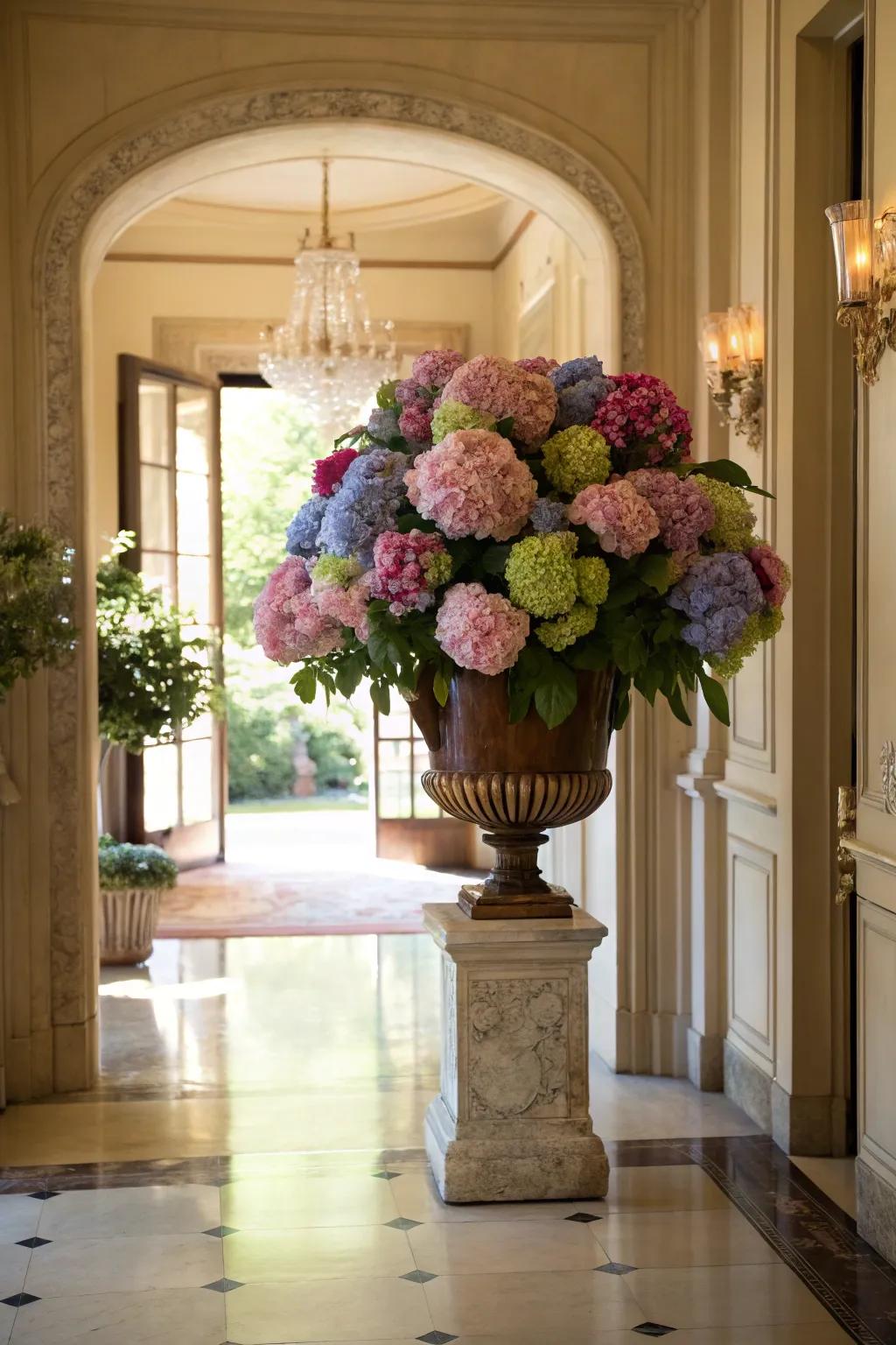 A grand hydrangea arrangement that warmly greets visitors.