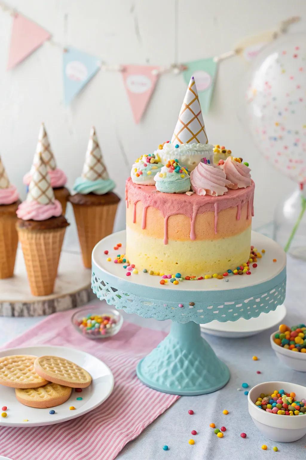 Mini ice cream cone toppers adding charm to a celebratory cake.