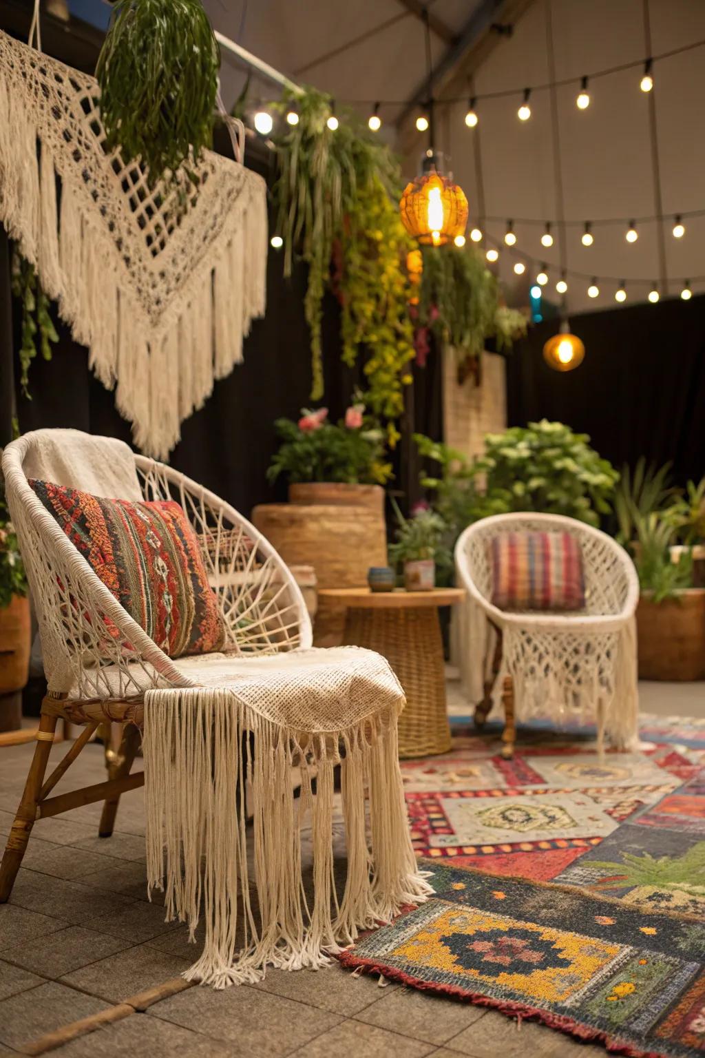 Bohemian flair with fringed seating covers.