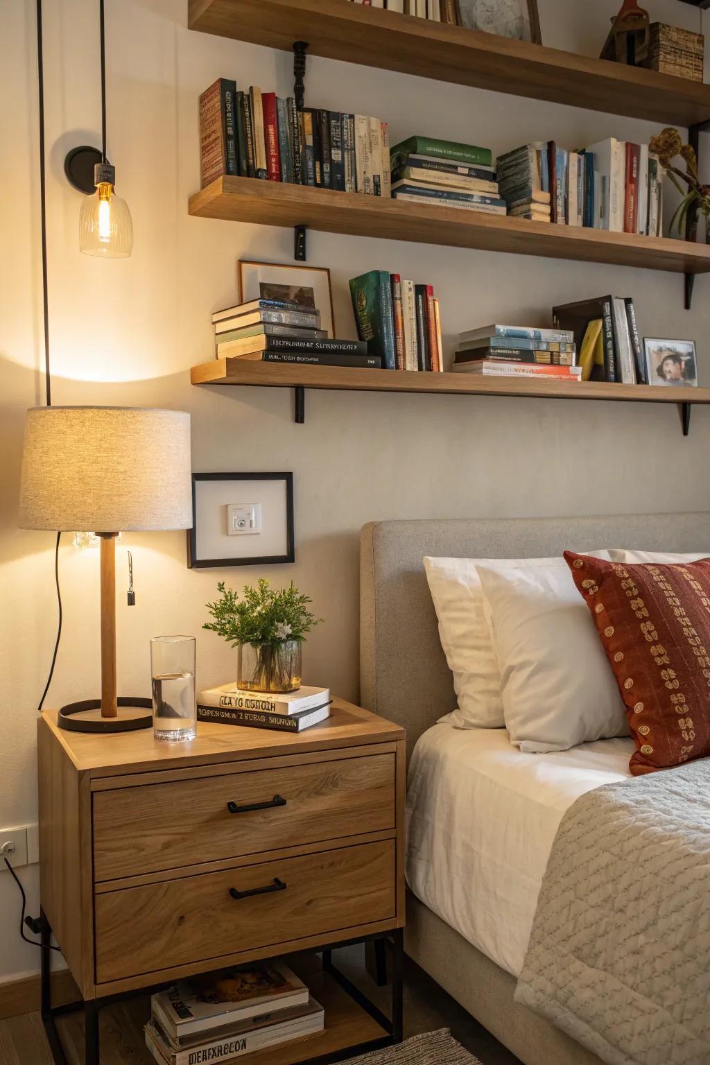 Keep your bedroom cozy and tidy with in-wall shelves.