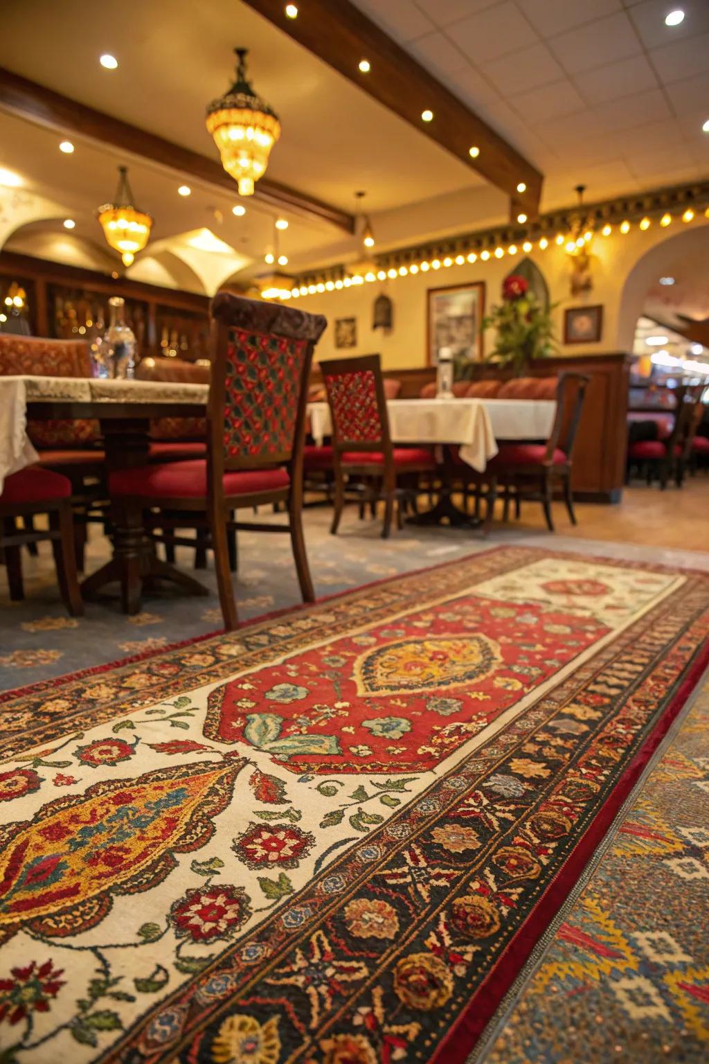 The intricate carpet adds a layer of warmth and design to the restaurant's decor.