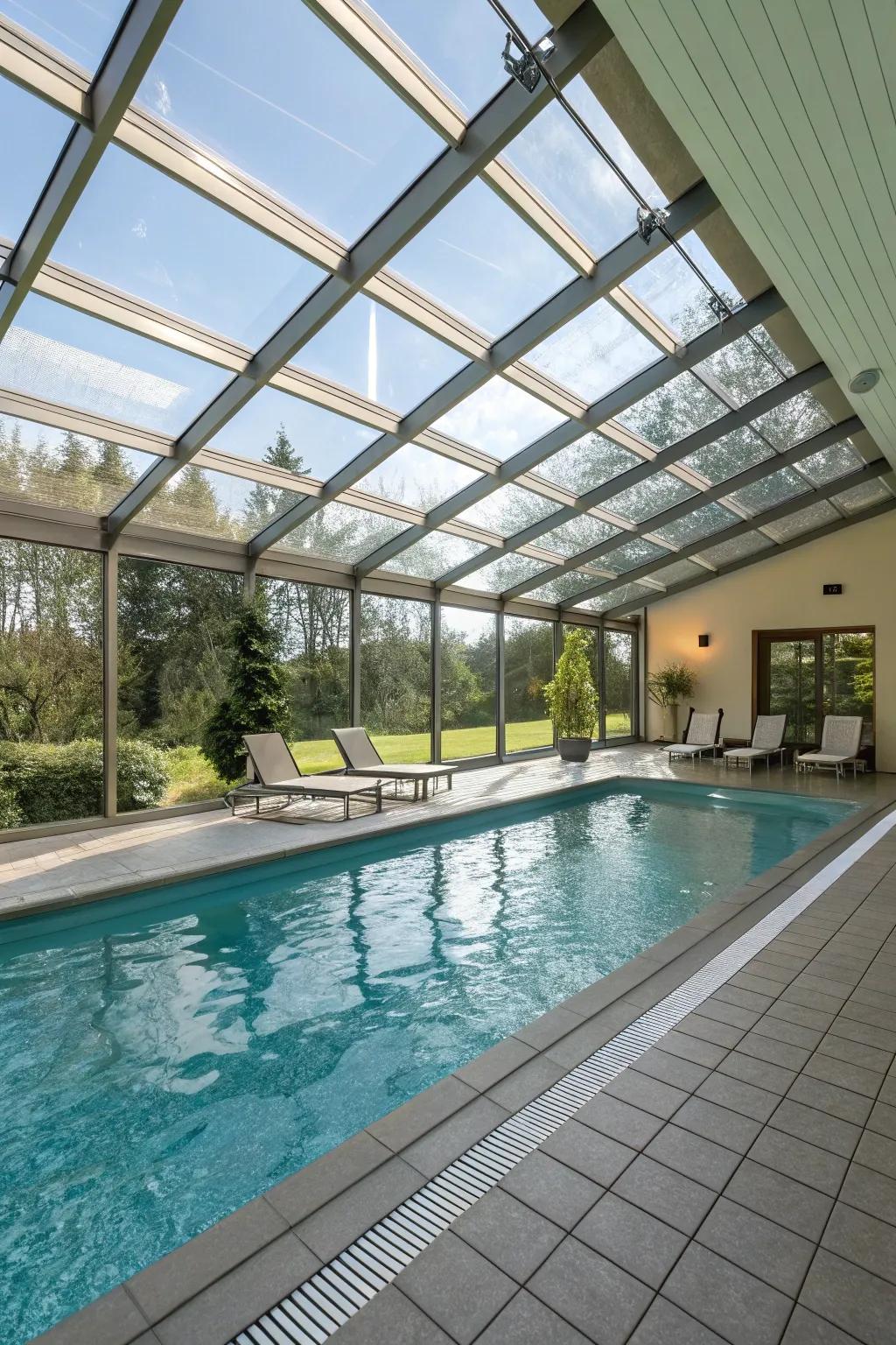 An indoor pool boasting a pull-back top for flexible use
