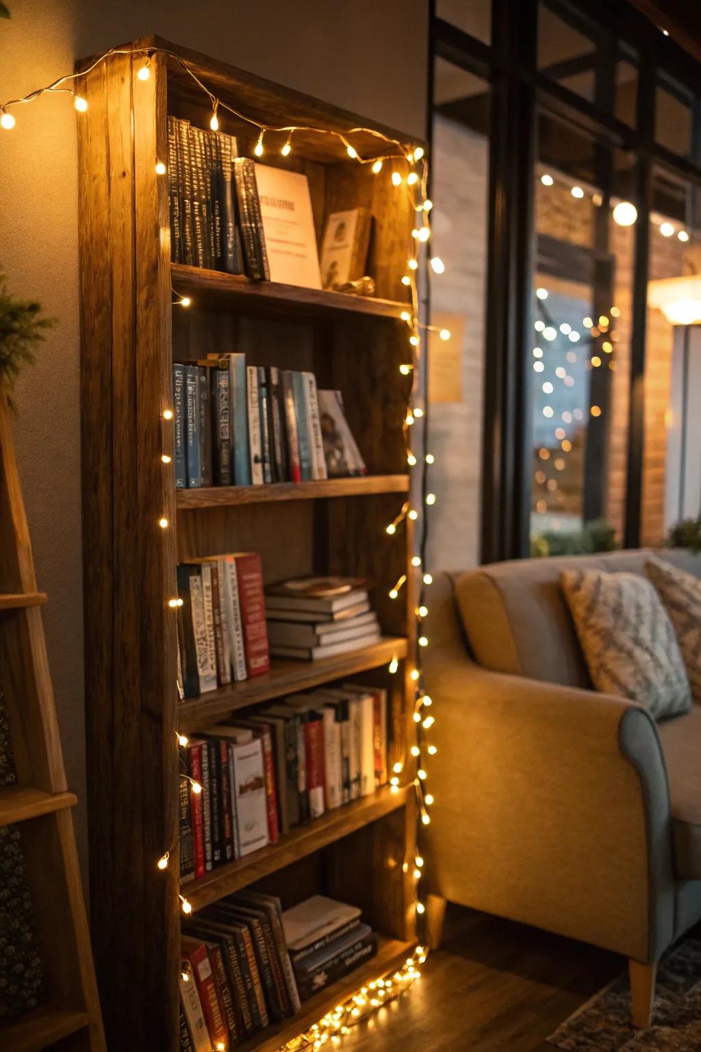 Enhance your bookshelf and fashion a snug corner by incorporating twinkle lights.
