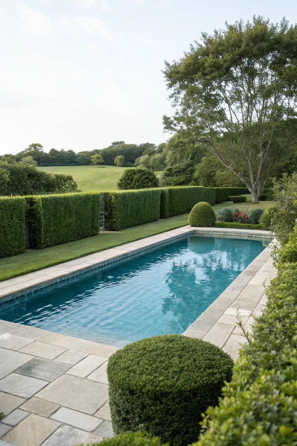 Shrubbery creates a lush and organic seclusion barrier around pools.