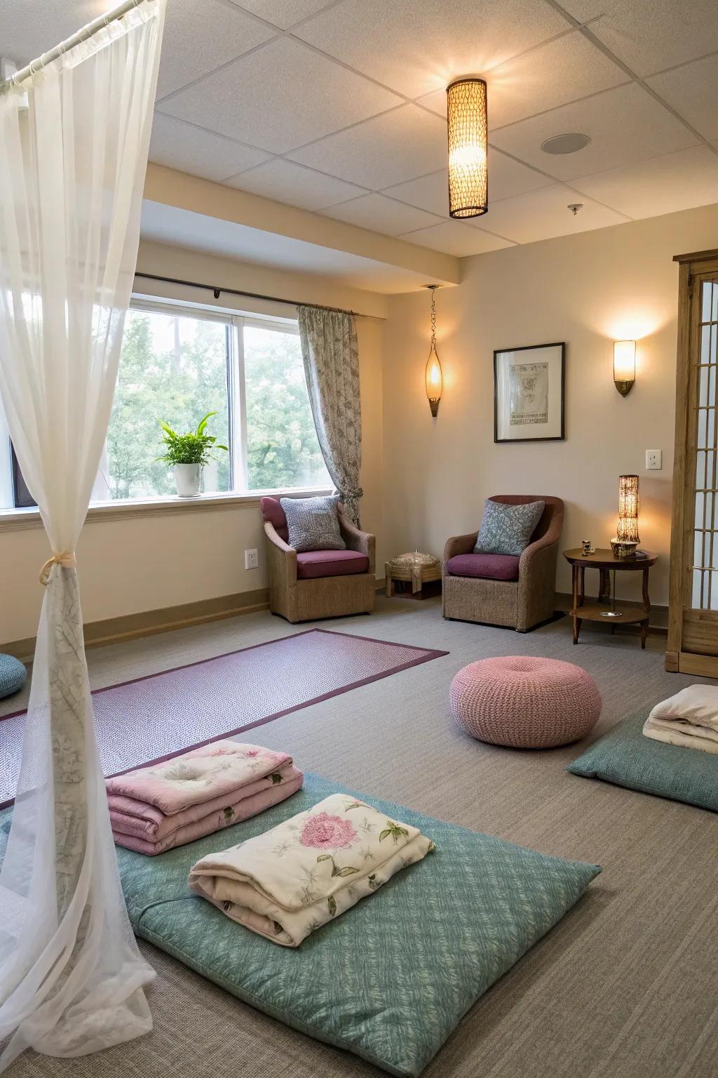 Supporting mental well-being through mindfulness and meditation-centered spaces.
