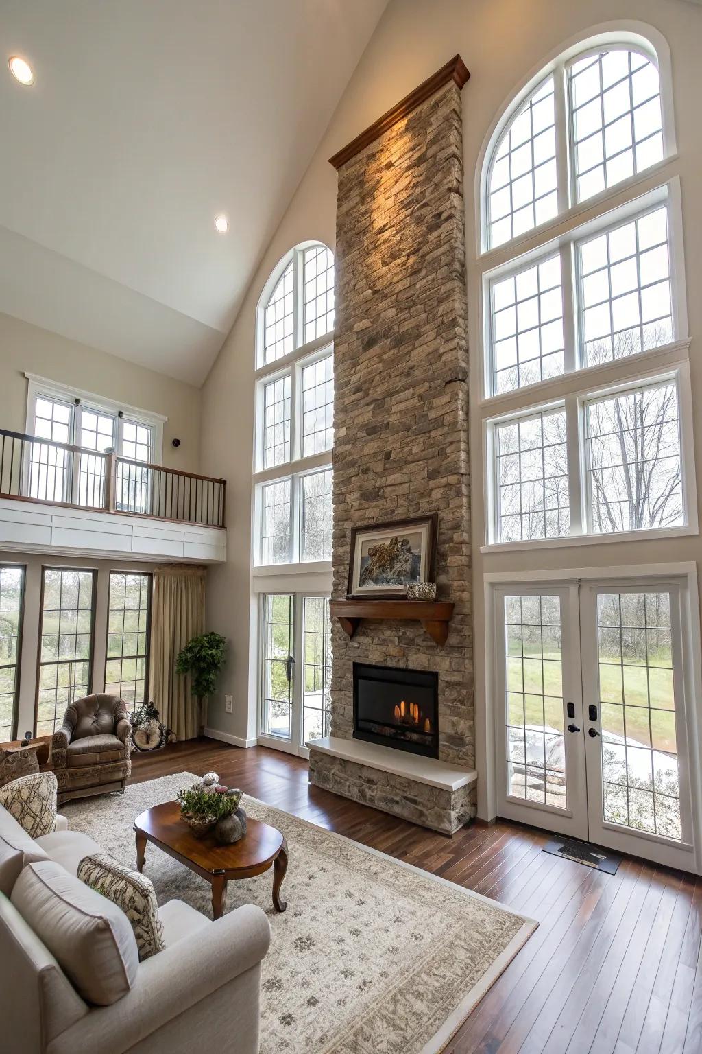 Highlight the grandeur of expansive ceiling rooms with vertical design elements.
