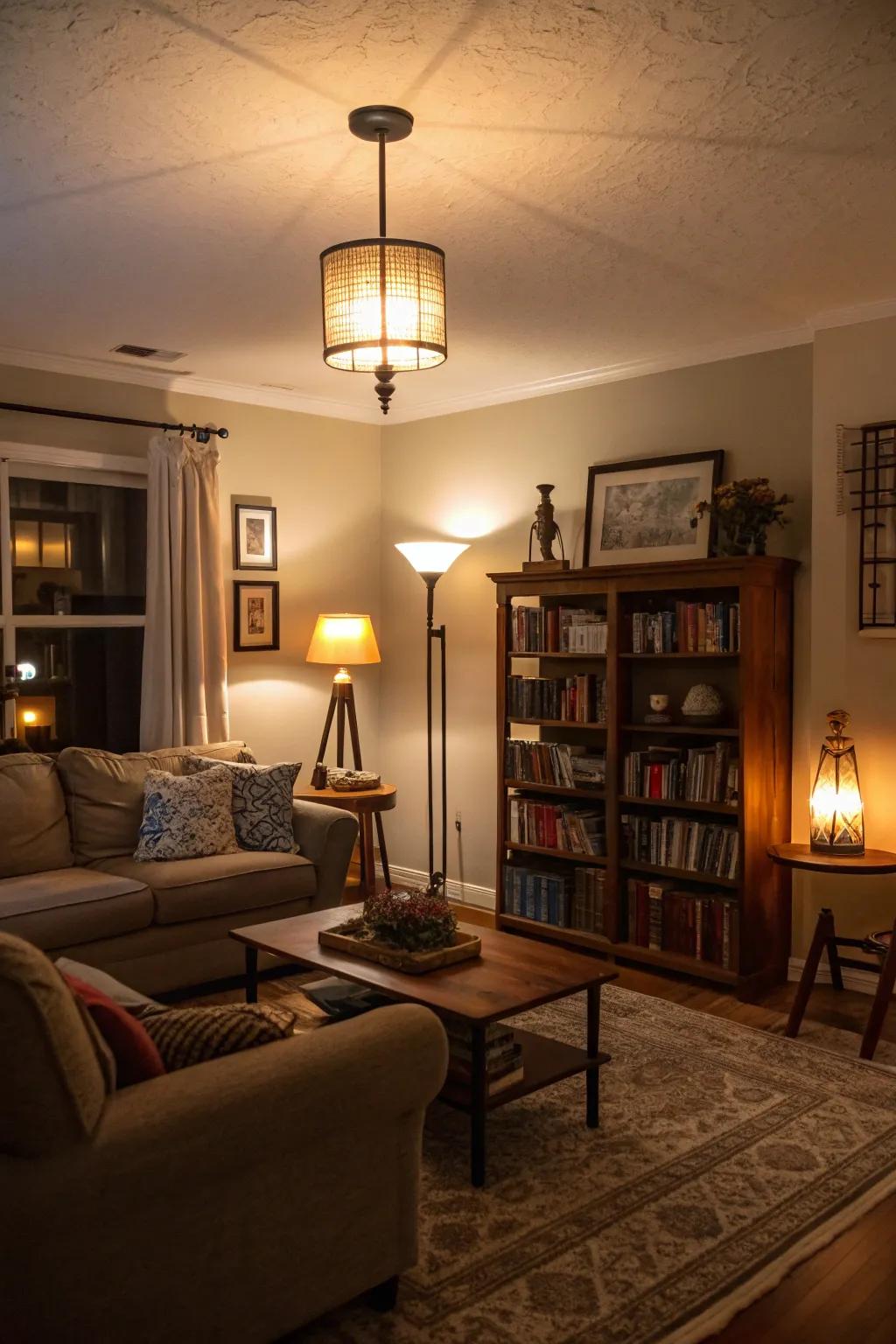Dimmable lighting establishing versatile atmospheres in a living space.