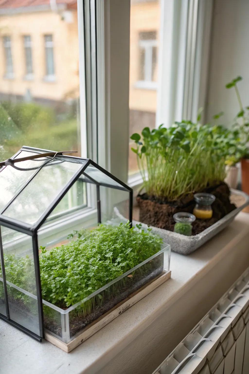 A mini greenhouse on your window sill adds a touch of charm and greenery.