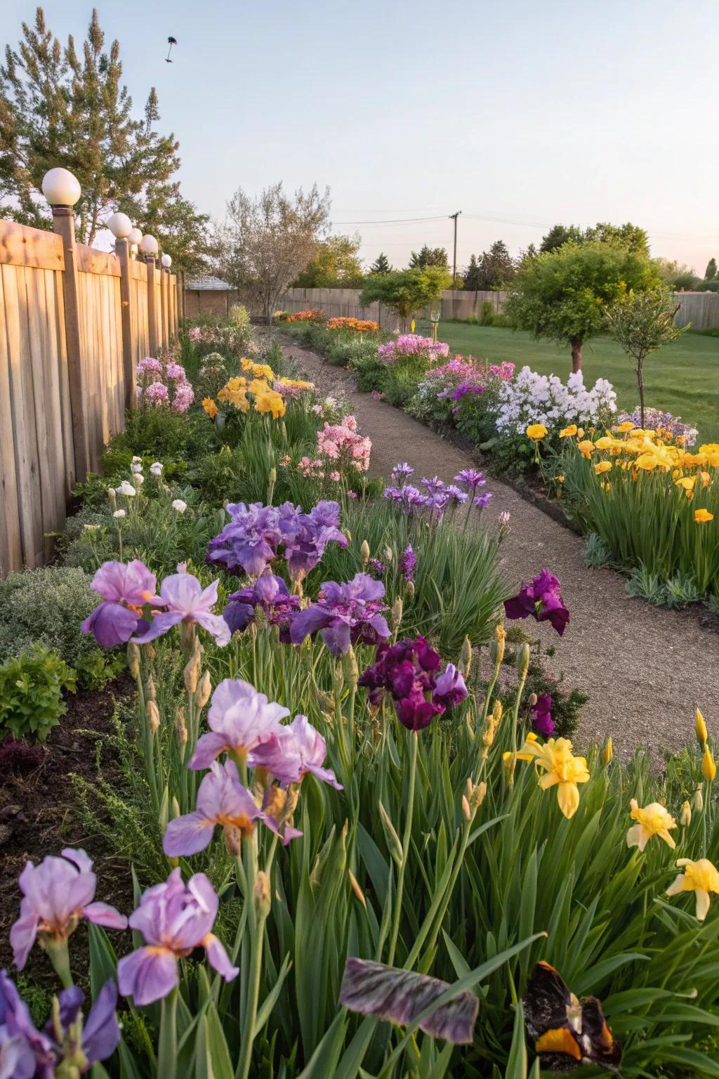 Irises paired with seasonal plants for continuous garden color.